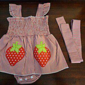 Strawberry gingham style dress with foldable bow to match.